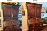 Before and after antique secretary desk restoration in Atlanta showing professional wood refinishing and restored hardware