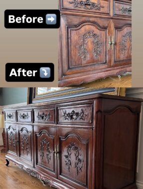 Antique carved wood cabinet restoration before and after in Atlanta, GA showing professional furniture refinishing