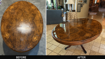 Before and after antique table restoration in Atlanta showing professional wood refinishing and restored decorative inlay