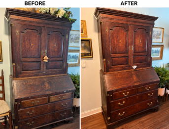 Antique secretary desk restoration before and after in Atlanta, GA showing professional wood furniture refinishing
