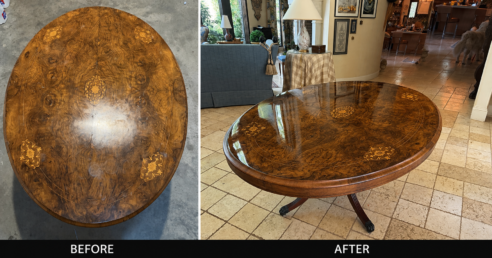 Antique burl wood table restoration and refinishing in Atlanta, GA with decorative veneer and inlay