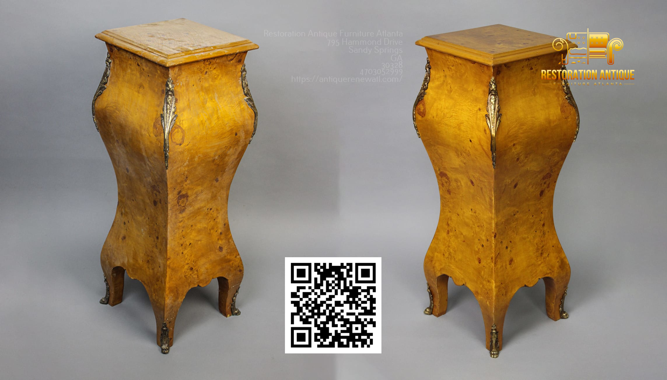 Before and after restoration of a decorative antique pedestal stand with a curvilinear shape and ornate metal accents.