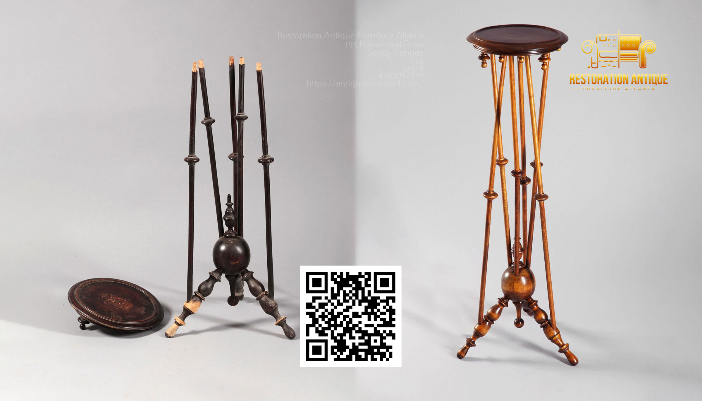 Broken antique pedestal table before and after expert wood restoration, showing full structural and aesthetic repair. {{brizy_dc_image_alt imageSrc=