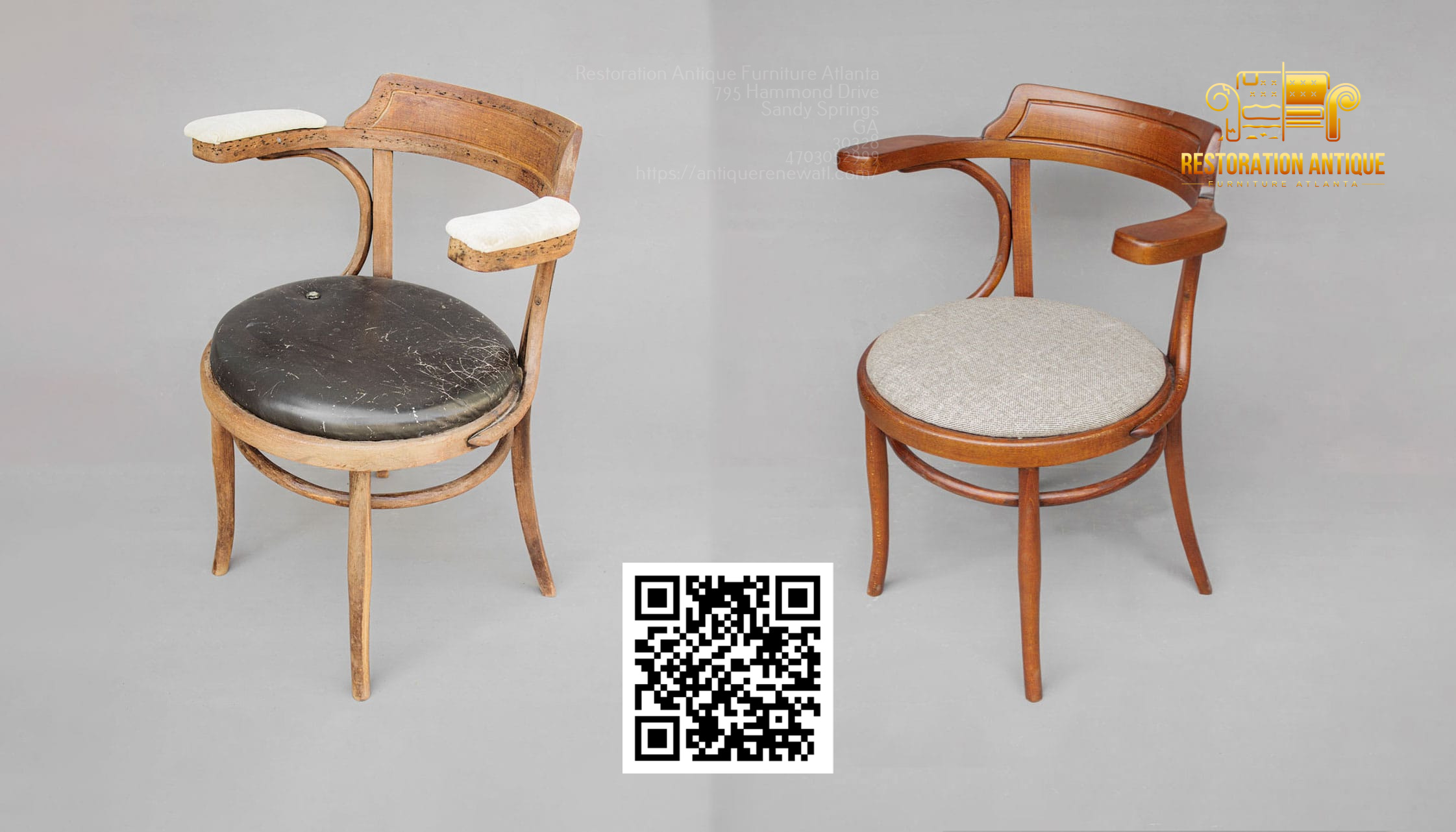 Before and after restoration of a vintage bentwood armchair with upholstered seat and curved backrest.