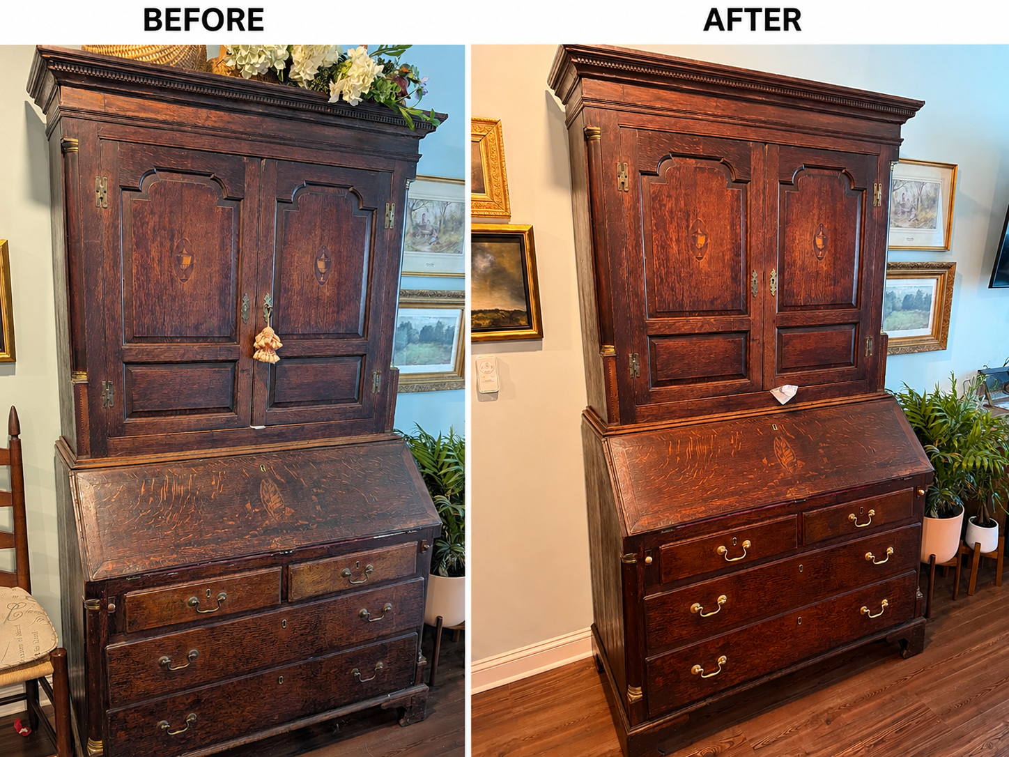 Antique secretary desk restoration before and after in Atlanta, GA showing professional wood furniture refinishing