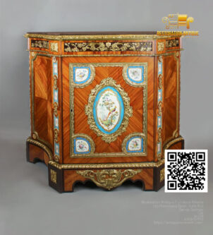 Antique French-style cabinet with intricate marquetry, porcelain plaques, and gilded bronze details.