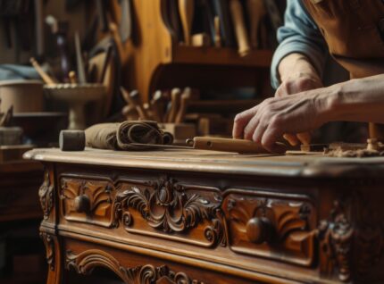 Craftsman restoring ornate antique wooden furniture with carving tools in a workshop. {{brizy_dc_image_alt imageSrc=