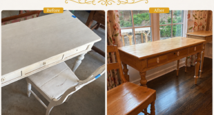 Before and after antique pine desk restoration in Atlanta showing paint removal and professional wood refinishing