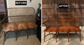 Before and after antique wooden bench restoration in Atlanta showing professional wood refinishing and restored finish