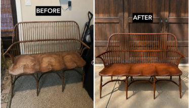 Antique wooden bench restoration before and after in Atlanta, GA showing professional furniture refinishing