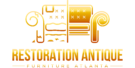 Gold gradient logo of Restoration Antique Furniture Atlanta, showing a stylized sofa with one side worn and the other restored.