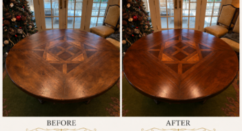 Before and after vintage wood table refinishing showing restored natural wood finish and original decorative pattern